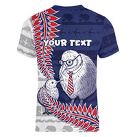 Personalised New Zealand Father's Day Women V-Neck T-Shirt Daddy Kiwi Bird Silver Ferns