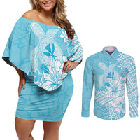 Hawaii Kanaka Maoli Couples Matching Off Shoulder Short Dress and Long Sleeve Button Shirt Polynesian Turtle Tattoo