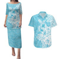 Hawaii Kanaka Maoli Couples Matching Puletasi and Hawaiian Shirt Polynesian Turtle Tattoo