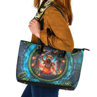 3D Illusion Nightmarchers Halloween Leather Tote Bag Hawaiian Warrior Spirit Lava Portal
