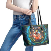 3D Illusion Nightmarchers Halloween Leather Tote Bag Hawaiian Warrior Spirit Lava Portal