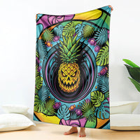 3D Illusion Pineapple Jack O Lantern Halloween Blanket Tropical Spooky Fruit Monstera Swirl