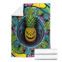 3D Illusion Pineapple Jack O Lantern Halloween Blanket Tropical Spooky Fruit Monstera Swirl