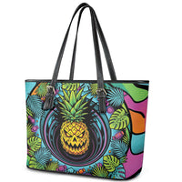 3D Illusion Pineapple Jack O Lantern Halloween Leather Tote Bag Tropical Spooky Fruit Monstera Swirl