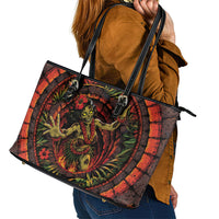 3D Illusion Hula Zombie Halloween Leather Tote Bag Hawaiian Undead Dancer Volcano Stone Well