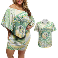 Hawaii Pineapple Couples Matching Off Shoulder Short Dress and Hawaiian Shirt Cute Cosplay Turtle Plumeria Spiral DT05 Mint - Polynesian Pride