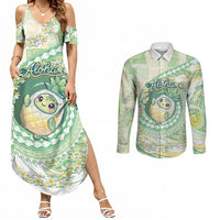 Hawaii Pineapple Couples Matching Summer Maxi Dress and Long Sleeve Button Shirt Cute Cosplay Turtle Plumeria Spiral DT05 Mint - Polynesian Pride