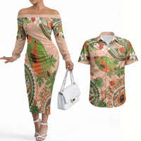 Hawaii Papaya Couples Matching Off The Shoulder Long Sleeve Dress and Hawaiian Shirt Cute Cosplay Humuhumu Fish Plumeria Waves DT05 Orange - Polynesian Pride