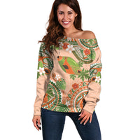 Hawaii Papaya Off Shoulder Sweater Cute Cosplay Humuhumu Fish Plumeria Waves DT05 Women Orange - Polynesian Pride