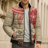 Tonga Language Week Bomber Puffer Jacket Tribal Cross Ngatu Floral Pattern