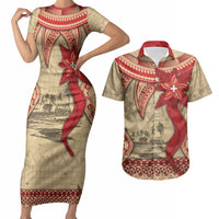 Tonga Language Week Couples Matching Short Sleeve Bodycon Dress and Hawaiian Shirt Tribal Cross Ngatu Floral Pattern DT05 Red - Polynesian Pride