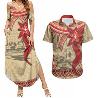 Tonga Language Week Couples Matching Summer Maxi Dress and Hawaiian Shirt Tribal Cross Ngatu Floral Pattern