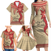 Tonga Language Week Family Matching Long Sleeve Bodycon Dress and Hawaiian Shirt Tribal Cross Ngatu Floral Pattern