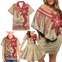Tonga Language Week Family Matching Off Shoulder Short Dress and Hawaiian Shirt Tribal Cross Ngatu Floral Pattern DT05 - Polynesian Pride