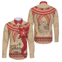 Tonga Language Week Family Matching Off Shoulder Short Dress and Hawaiian Shirt Tribal Cross Ngatu Floral Pattern DT05 Dad's Shirt - Long Sleeve Red - Polynesian Pride