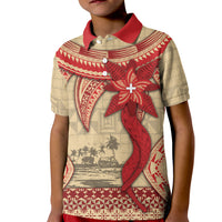 Tonga Language Week Kid Polo Shirt Tribal Cross Ngatu Floral Pattern