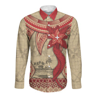 Tonga Language Week Long Sleeve Button Shirt Tribal Cross Ngatu Floral Pattern