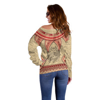Tonga Language Week Off Shoulder Sweater Tribal Cross Ngatu Floral Pattern