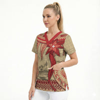 Tonga Language Week Scrub Top Tribal Cross Ngatu Floral Pattern