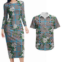 Blue Binakol Motifs With Jasminum Sambac Couples Matching Long Sleeve Bodycon Dress and Hawaiian Shirt Mabuhay Philippines Festival DT05 Blue - Polynesian Pride