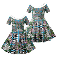 Blue Binakol Motifs With Jasminum Sambac Family Matching Short Sleeve Bodycon Dress and Hawaiian Shirt Mabuhay Philippines Festival DT05 Daughter's Dress Blue - Polynesian Pride