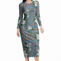 Blue Binakol Motifs With Jasminum Sambac Long Sleeve Bodycon Dress Mabuhay Philippines Festival DT05 Long Dress Blue - Polynesian Pride