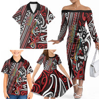 Personalised Maori Language Week Family Matching Off The Shoulder Long Sleeve Dress and Hawaiian Shirt Ake Ake Ake Tribal Patterns