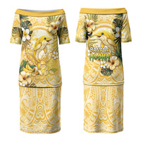 Hawaii Banana Dolphin Family Matching Puletasi and Hawaiian Shirt Cute Cosplay Naiʻa Fish Tribal Patterns DT05 Mom's Dress Yellow - Polynesian Pride