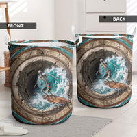 3D Illusion Surfing Skeleton Halloween Laundry Basket Surfboard Bones Ocean Wave Stone Well