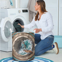3D Illusion Surfing Skeleton Halloween Laundry Basket Surfboard Bones Ocean Wave Stone Well