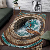 3D Illusion Surfing Skeleton Halloween Area Rug Surfboard Bones Ocean Wave Stone Well