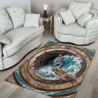 3D Illusion Surfing Skeleton Halloween Area Rug Surfboard Bones Ocean Wave Stone Well