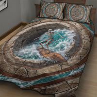 3D Illusion Surfing Skeleton Halloween Quilt Bed Set Surfboard Bones Ocean Wave Stone Well