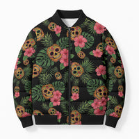 Tropical Calavera Hawaiian Bomber Puffer Jacket Sugar Skull Pineapple Hibiscus Floral