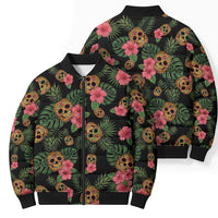 Tropical Calavera Hawaiian Bomber Puffer Jacket Sugar Skull Pineapple Hibiscus Floral