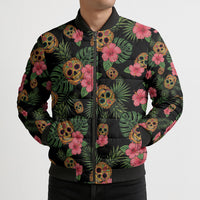 Tropical Calavera Hawaiian Bomber Puffer Jacket Sugar Skull Pineapple Hibiscus Floral
