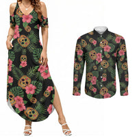 Tropical Calavera Hawaiian Couples Matching Summer Maxi Dress and Long Sleeve Button Shirt Sugar Skull Pineapple Hibiscus Floral DT05 Black - Polynesian Pride