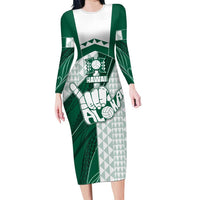 Custom Hawaii Volleyball Family Matching Long Sleeve Bodycon Dress and Hawaiian Shirt Shaka Aloha Hand DT05 Mom's Dress Green - Polynesian Pride