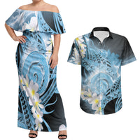 Piko Hawaiian Couples Matching Off Shoulder Maxi Dress and Hawaiian Shirt Blue Galaxy Spiral Plumeria Tribal Patterns