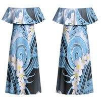 Piko Hawaiian Couples Matching Off Shoulder Maxi Dress and Long Sleeve Button Shirt Blue Galaxy Spiral Plumeria Tribal Patterns