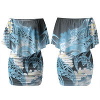 Piko Hawaiian Couples Matching Off Shoulder Short Dress and Hawaiian Shirt Blue Galaxy Spiral Plumeria Tribal Patterns