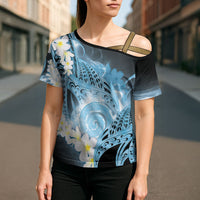 Piko Hawaiian Cross Shoulder Shirt Blue Galaxy Spiral Plumeria Tribal Patterns