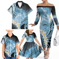 Piko Hawaiian Family Matching Off The Shoulder Long Sleeve Dress and Hawaiian Shirt Blue Galaxy Spiral Plumeria Tribal Patterns