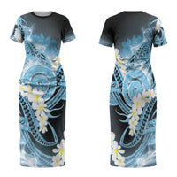 Piko Hawaiian Family Matching Short Sleeve Bodycon Dress and Hawaiian Shirt Blue Galaxy Spiral Plumeria Tribal Patterns