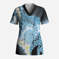 Piko Hawaiian Scrub Top Blue Galaxy Spiral Plumeria Tribal Patterns