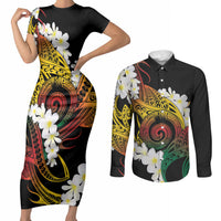 Piko Hawaiian Couples Matching Short Sleeve Bodycon Dress and Long Sleeve Button Shirt Gradient Spiral Plumeria Tribal Patterns