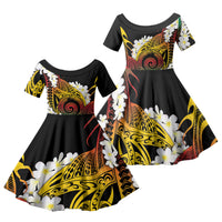 Piko Hawaiian Family Matching Off The Shoulder Long Sleeve Dress and Hawaiian Shirt Gradient Spiral Plumeria Tribal Patterns