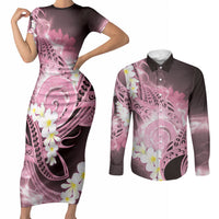 Piko Hawaiian Couples Matching Short Sleeve Bodycon Dress and Long Sleeve Button Shirt Pink Galaxy Spiral Plumeria Tribal Patterns