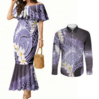 Piko Hawaiian Couples Matching Mermaid Dress and Long Sleeve Button Shirt Purple Galaxy Spiral Plumeria Tribal Patterns