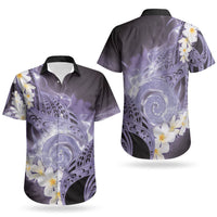 Piko Hawaiian Couples Matching Off Shoulder Short Dress and Hawaiian Shirt Purple Galaxy Spiral Plumeria Tribal Patterns